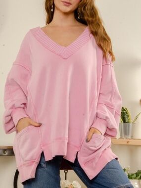 #194 Blue Velvet New Relaxed V-Neck Pink Women's Sweater with Front Pockets